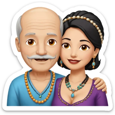 I want an old man with balding and grey beard  wearing no jewelery and a woman in her 40s with dark black hair parted in indian woman style wearing a beads chain  with the cleavage of the woman visible in a passionate embrace, both must be blissfully smiling sticker