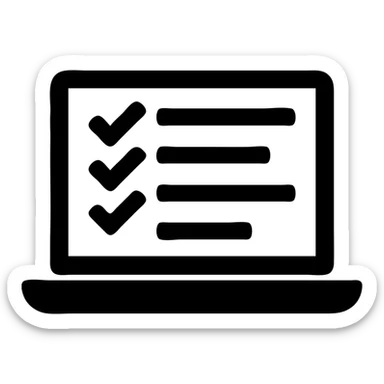 form with boxes and checkmarks on a laptop screen, clean, modern, no color, solid filled icon style sticker
