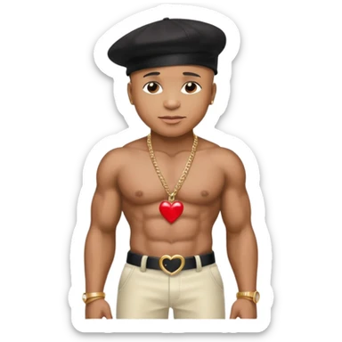 LL Cool J with black hat, metallic ivory pants, shirtless with necklace with red heart sticker