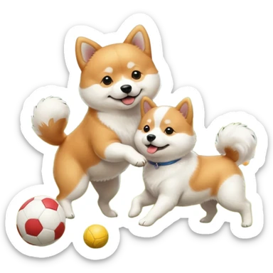 2 dogs, a ginger shiba inu and a small white dog breed coton de tulear, playing with a ball in a sunny garden sticker