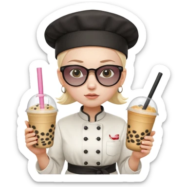 A Angry Teen Female with Pale skin and Bald, wearing a Uniform outfit, a Chef hat, Sunglasses, carrying a Wand, working as a scientist, while drinking Bubble tea and reading a Book.
 sticker