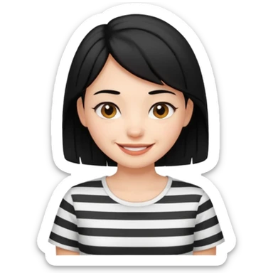 Black-haired girl, short to the neck, wearing white shirt with black stripes, happy sticker
