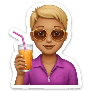 Sun is wearing sunglasses and drinking juice with stra sticker