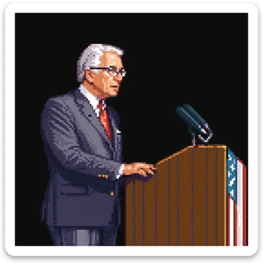 a SNES box art image of a man who looks like a fiftysomething distinguished american politician, standing and speaking emphatically at a podeum. cutscene graphic - 3/4 side perspective sticker