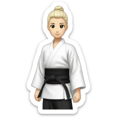 aikido stand up no hat black hakama whiet jacket white very short hairhair sticker