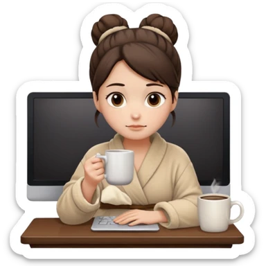 A brunette girl with a bun as hairstyle, with dark brown eyes, dark circles under eyes, tired, sad face, with a mug of coffee in one hand and sitting in front of a computer, wearing a soft fluffy beige robe sticker