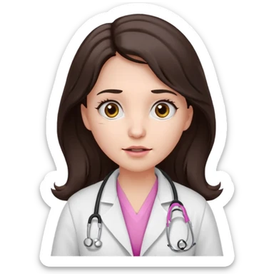 Barbie like emoji of a woman with white skin long wavy dark brown hair, brown eyes wearing a white lab coat and pink stethoscope and with a scared look sticker