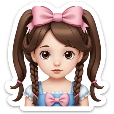 niña pequeña, muy bonita, de piel blanca, con cabello largo y dos coletas con lazo coquette cada una, con ojos marrones  sticker