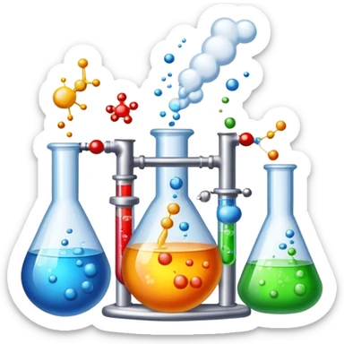 An icon featuring chemical flasks, liquids, powders, and chemical formulas, symbolizing the science of chemistry. The design includes bubbling reactions, molecular structures, and test tubes, representing experimentation and chemical analysis. Transparent background. sticker