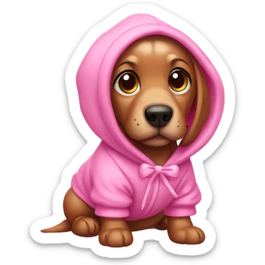 Sausage puppy wearing a pink hoodie and with pink bows on his ears sticker