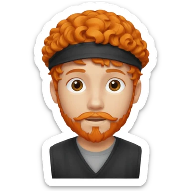 A boy with a backward cap, curly orange hair, and a goatee sticker