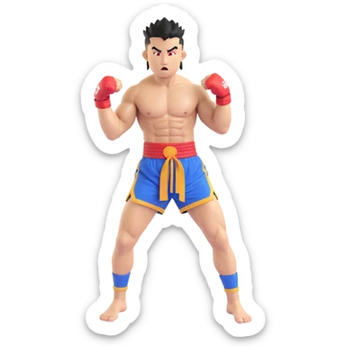 Rodtang Jitmuangnon with mohawk, intense expression, muscular build, in fighting stance, wearing mongkhon headband and Muay Thai shorts sticker
