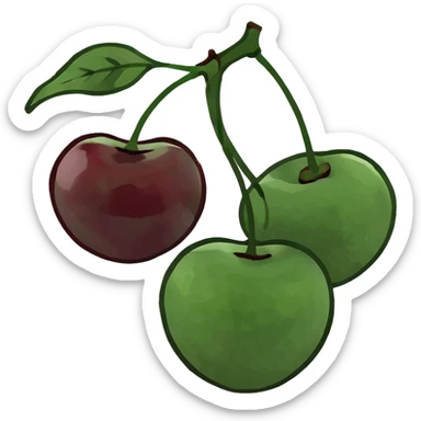 3D style pair of deep burgundy cherries with green stem, rich dark red color sticker