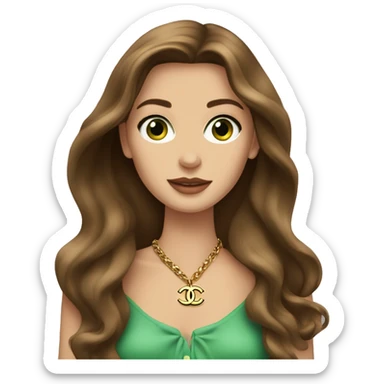 A Chanel girl with long brown hair, green eyes, a Birkin bag and a Chanel necklace sticker