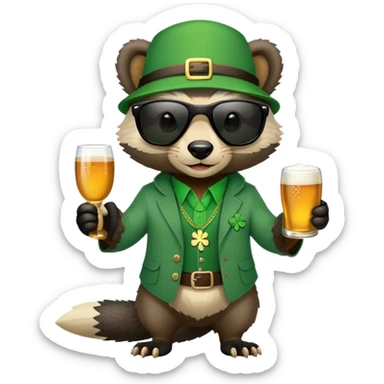 friendly anthropomorphised honey badger in a casual green-themed outfit with St. Patrick's Day accessories, wearing sunglasses sticker