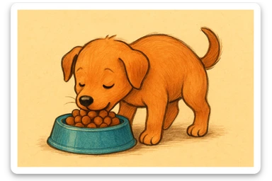 Make the dog a cute puppy eating dog food, keep the same style as the original image. sticker