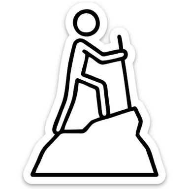Replace the outlined person with a true stick figure composed of simple lines for body, arms, and legs, and a circle for the head. The stick figure is on a rocky cliff peak, holding a hiking stick. Keep the icon style with clear and minimal lines. sticker