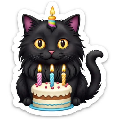 Long haired fluffy black cat with birthday cake sticker