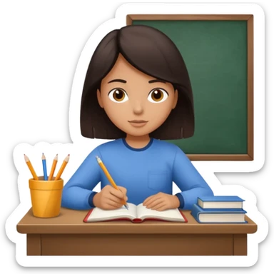 A student with dark hair is reading a book and taking notes in a notebook. There are also papers and textbooks on the table. sticker