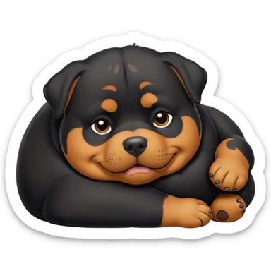 Cinematic Chubby Sleeping Rottweiler Portrait Emoji, Chubby and serene, with a robust, adorable build and a soft, plush black coat with tan markings, eyes gently closed in peaceful slumber, Simplified yet irresistibly endearing features, highly detailed, glowing with a gentle, dreamy glow, high shine, relaxed and content, stylized with a touch of whimsy, bright and heartwarming, soft glowing outline, capturing the essence of a blissfully sleepy guardian, so comically serene it feels like it could roll out of the screen and snore with adorable charm! sticker