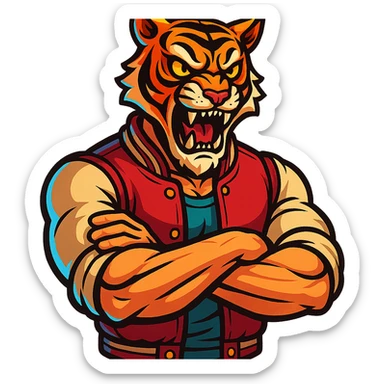 Tony from Hotline Miami, muscular man in varsity jacket with tiger mask, vibrant toon style sticker