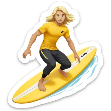 Man surfing on a yellow white board with long blond hair, yellow t-shirt with black Nike logo in center of chest, black baggy sweatpants. sticker