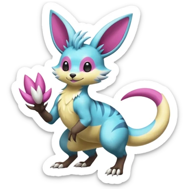 realistic Shiny smooth silky soft Cyan-Yellowish-Magenta Minccino-Zeraora-Emolga-Vernid-Sergal-fusion-hybrid-animal-creature, full body sticker