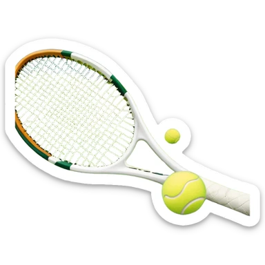 A tennis racket resting on the green grass of a tennis court, with a tennis ball placed nearby and the net stretching across the court. The background captures the fresh, open atmosphere of a traditional grass court, emphasizing the elegance and precision of the sport. sticker