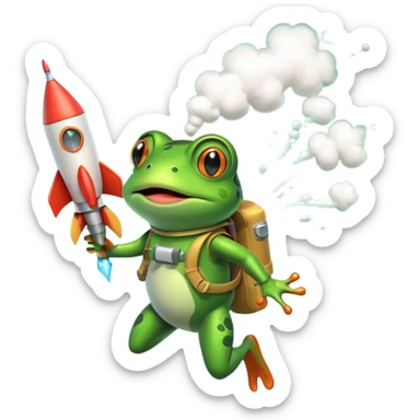 cute frog flying with a rocket pack, funny expression, rocket smoke trail, 3D cartoon, mobile game icon style, clean background, no text, no watermark sticker