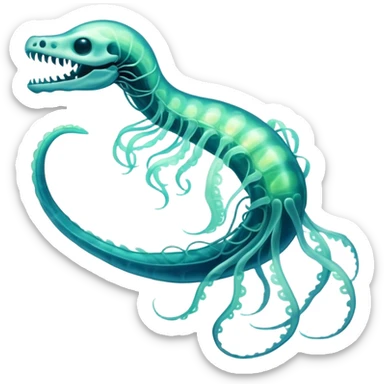 A phosphorescent deep-sea serpent with translucent scales that reveal its glowing skeleton, possessing both jellyfish-like tendrils and the ability to generate electrical pulses that illuminate the ocean depths. sticker