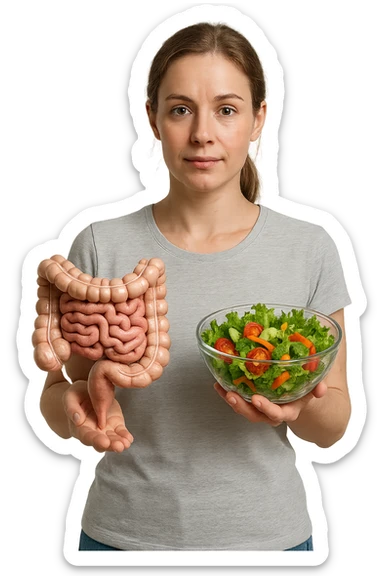 DONNA CON INTESTINO UMANO ANATOMICO CON INSALATA IN MANO, iperrealistico 4k, SFONDO BIANCO sticker