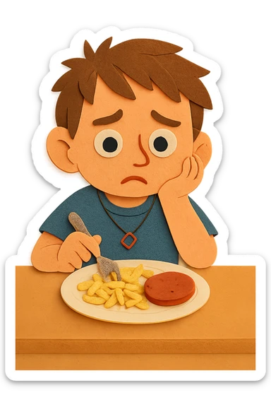 Now he looks slightly worried — he was told that if he doesn't eat protein, he might not grow up. sticker