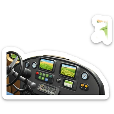 a view from the tractor cabin, with the dashboard in focus, overlooking a vibrant rural landscape. Inspired by Farming Simulator 22, the scene includes fields, crops, and distant barns under a bright sky. The design highlights the immersive experience of farm management. transparent background sticker