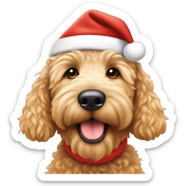 Golden doodle wearing a Santa hat sticker