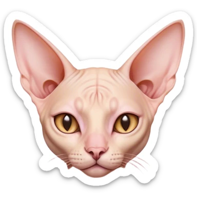Cinematic Noble Sphynx Cat Portrait Emoji, Poised and regal, with smooth, hairless skin in warm peach and soft pink tones, striking large ears and intense almond-shaped eyes, Simplified yet sharp and sophisticated features, highly detailed, glowing with a soft, dignified glow, high shine, intelligent and graceful, stylized with an air of elegance, focused and attentive, soft glowing outline, capturing the essence of a watchful and refined feline, so majestic it feels as though it could glide across the screen with effortless confidence! sticker
