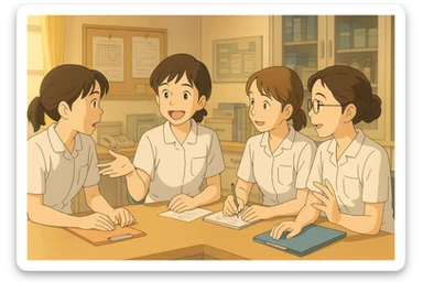 Four nursing students in Ghibli style, discussing and exchanging ideas in a care station, wearing white short-sleeve uniforms with V-neck medical tunics, left chest pocket, no collar stand, no stethoscopes, nothing protruding from sleeves, lively and collaborative scene sticker