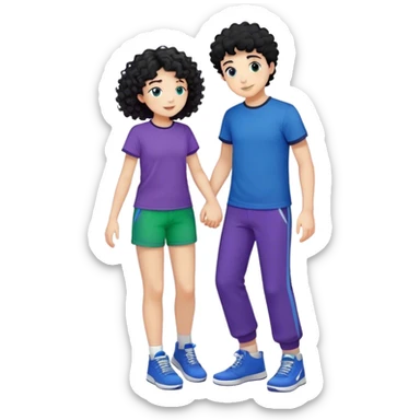 curly haired girl with blue t-shirt, purple wide trousers and white sneakers giving a hug to a black haired boy with blue t-shirt, green short pants and bñack boot sportshoes sticker