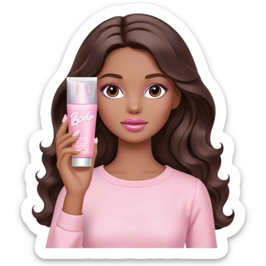 A white Barbie girl with long dark brown wavy hair in pale pink clothes smears by hand cosmetic cream on her face sticker