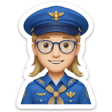 scout boy long hair spectacled blue uniform with cap sticker
