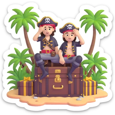kid pirate with hand on forehead looking for something, one foot on treasure chest, palm trees in background sticker