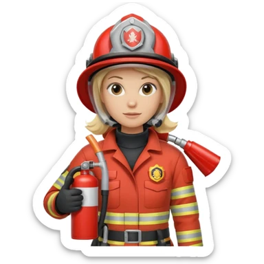 Firefighter with respiratory protection, blonde female, with fire extinguisher sticker