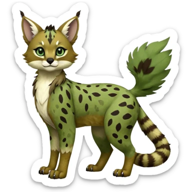 Cute kawaii cool edgy badass  sage-green and moss-brown camouflage-speckled matte fur fantasy-caracal-civet-genet-sergal-vernid-Gryphon-Cacomistle-Trico-oncilla-animal-Fakémon-hybrid-fursona (full body), facial markings, (realism style) sticker