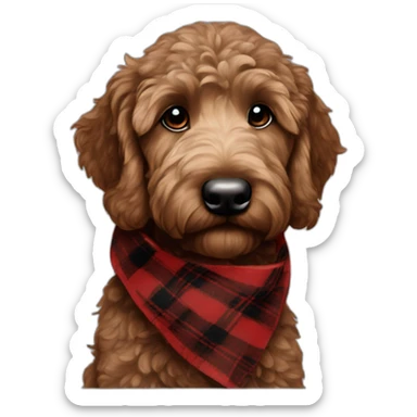 Dark Chocolate brown colored golden doodle with a red and black flannel hankerchief sticker