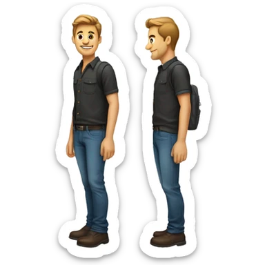 Guy standing turned slightly his right. Left hand in pocket. Right hand hanging sticker