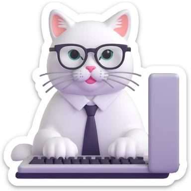 white hacker cat wearing glasses typing on a keyboard sticker