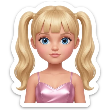 Baby Spice from Spice Girls with blue eyes, long blonde two ponytail hair with bang, light pink metallic sweetheart dress sticker