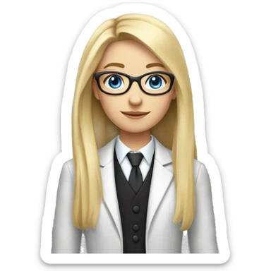 A girl with long blond hair, blue eyes, fair skin, glasses, in a black suit sticker