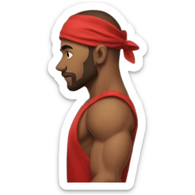 muscular man in red bandana standing sideways turns his head to face the viewer,his hand is bent in the elbow,torso sticker