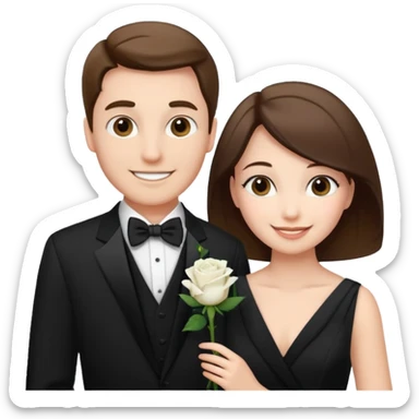 smiling couple in formal attire with white rose boutonnière sticker