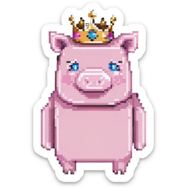 full body pink blocky pig with square head and square body wearing a crown sticker